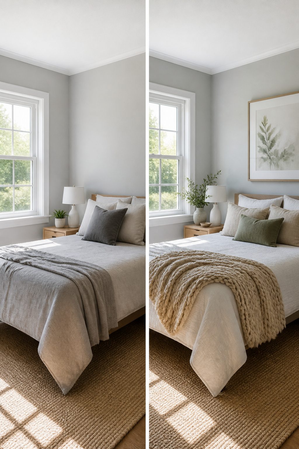 Light grey bedroom with pale walls white trim and neutral bedding
