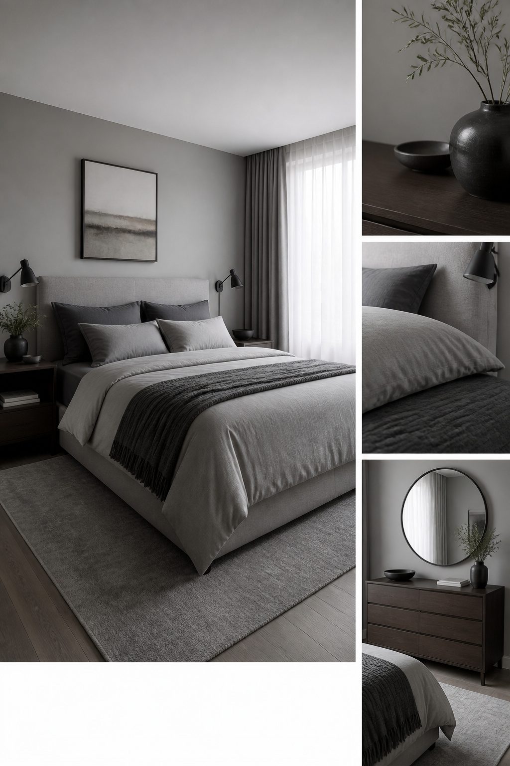 Monochrome grey bedroom with layered bedding and contrasting wall tones