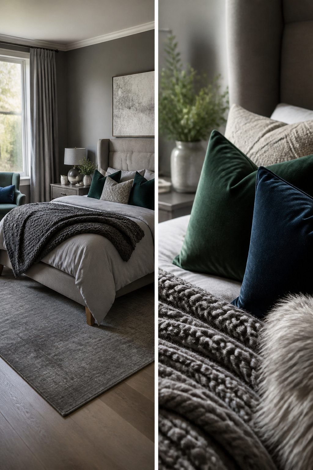 Grey bedroom with seasonal textiles cushions throws and neutral bedding