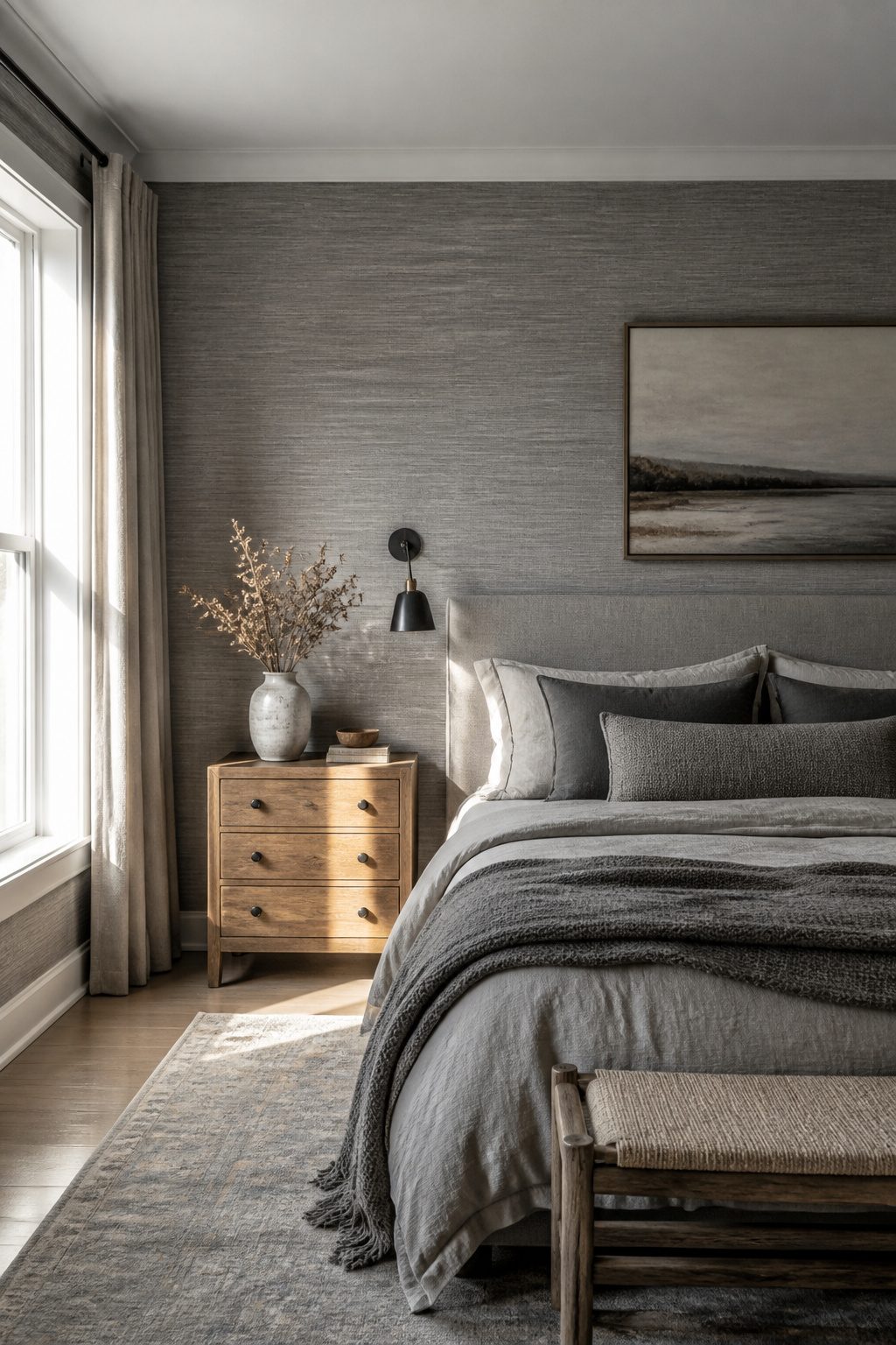 Bedroom with grey grasscloth wallpaper layered bedding and raw wood nightstand