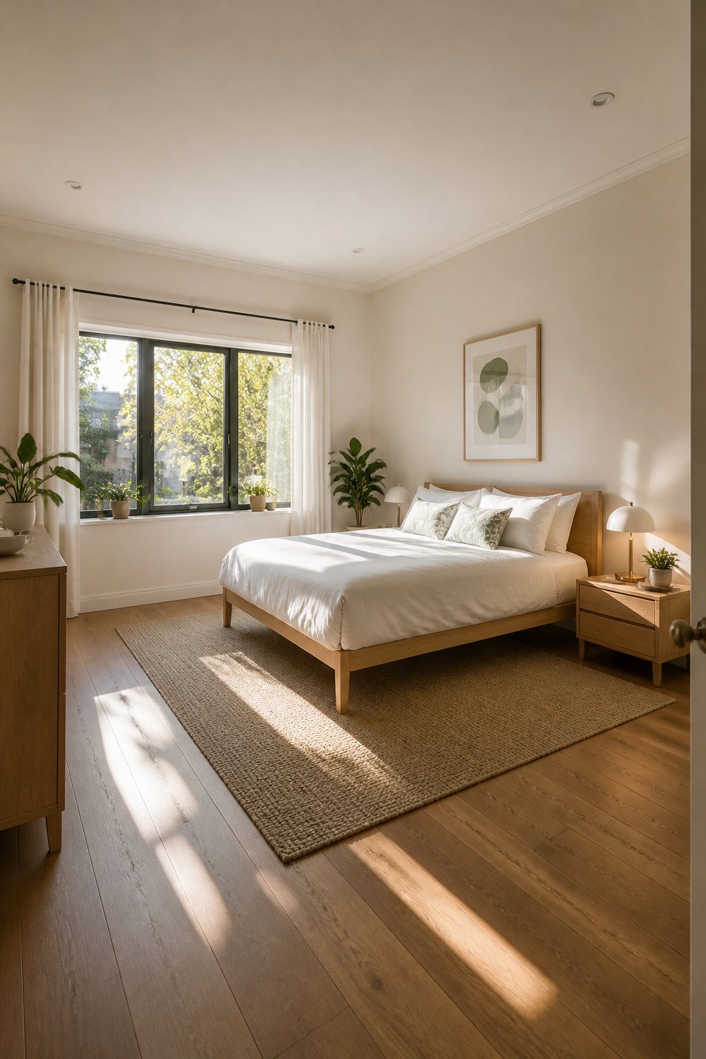 A full bed in a small guest room with limited space.