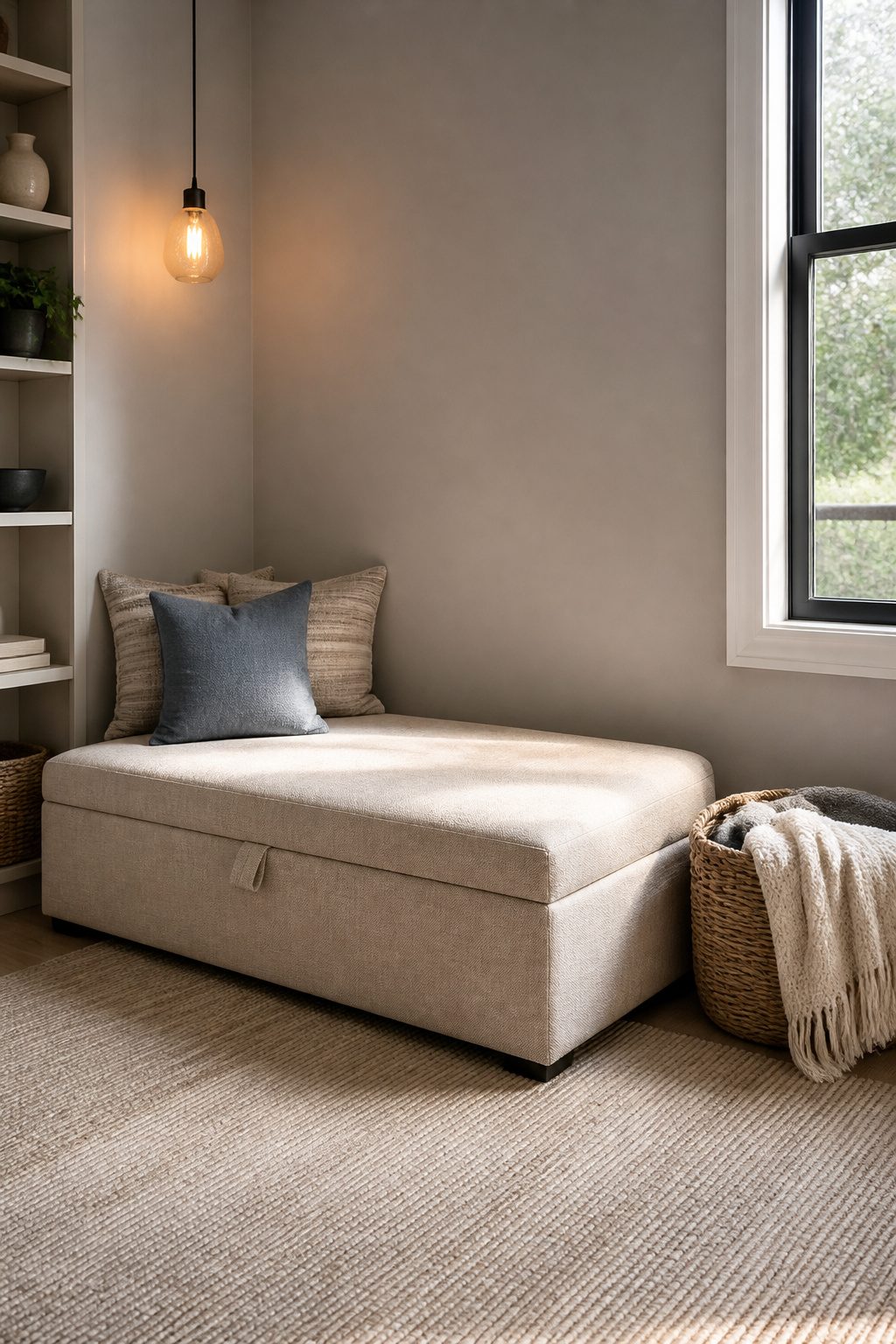 A stylish ottoman bed in a compact guest room.