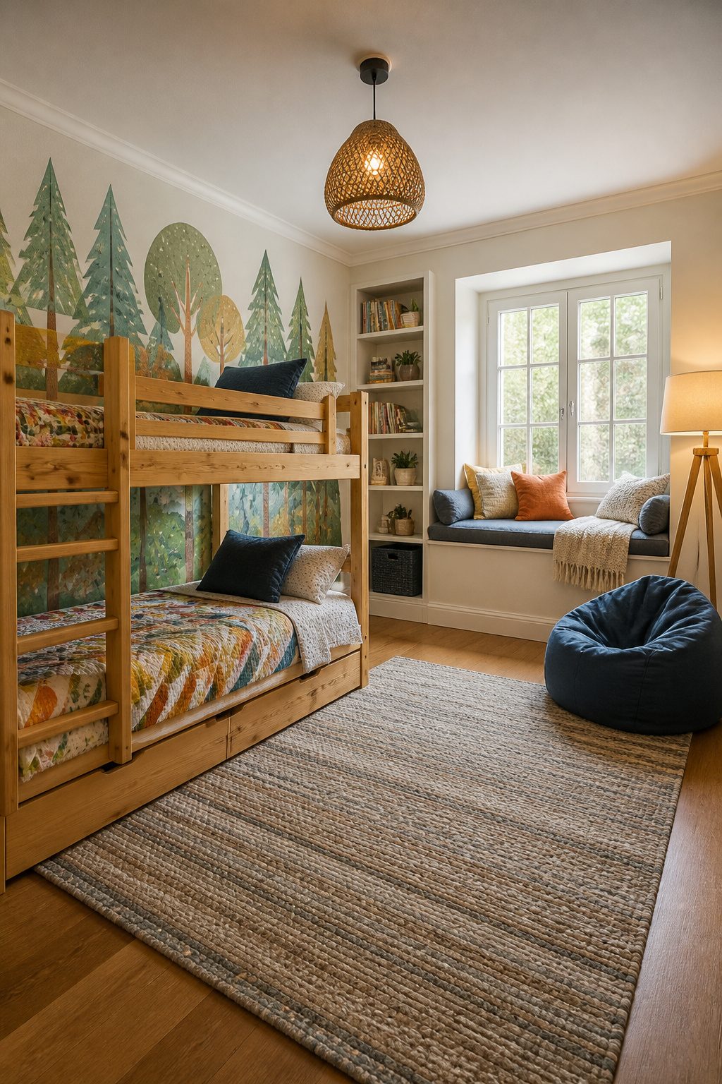 Bunk beds and a reading nook in a guest bedroom.