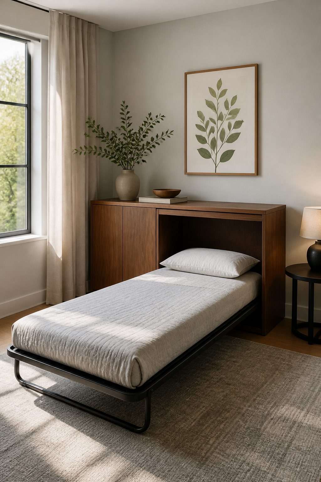 A cabinet bed resembling a sideboard in a guest room.