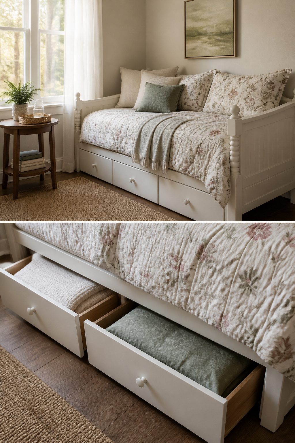 A daybed with a twin mattress in a stylish guest room.