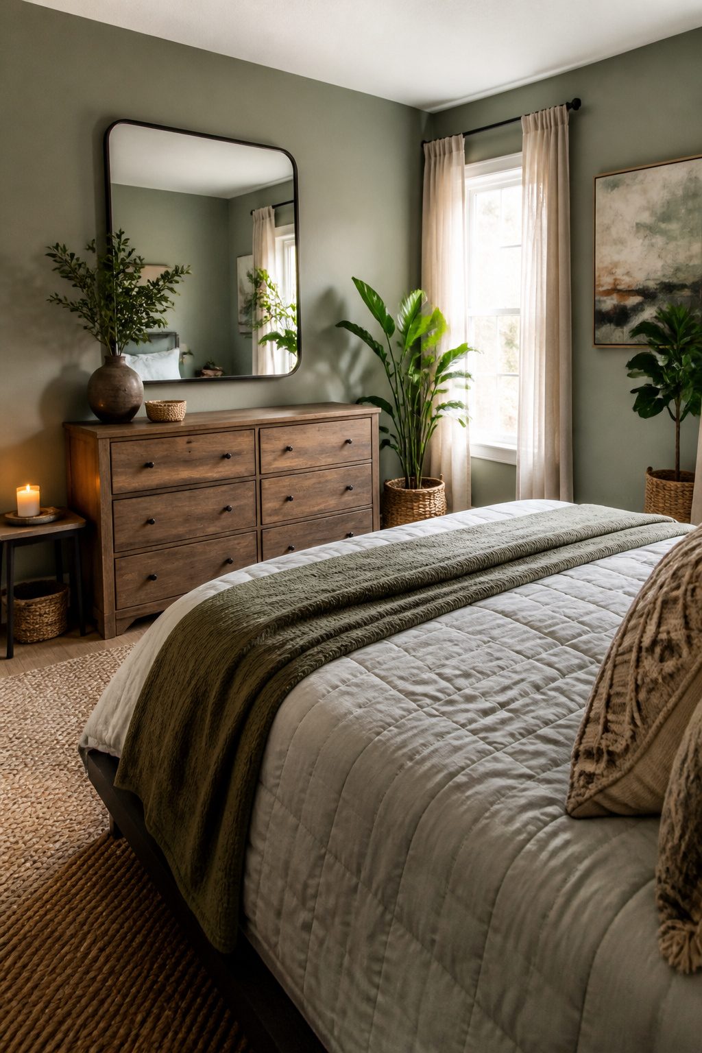 A rustic dresser with a large mirror in a guest room.