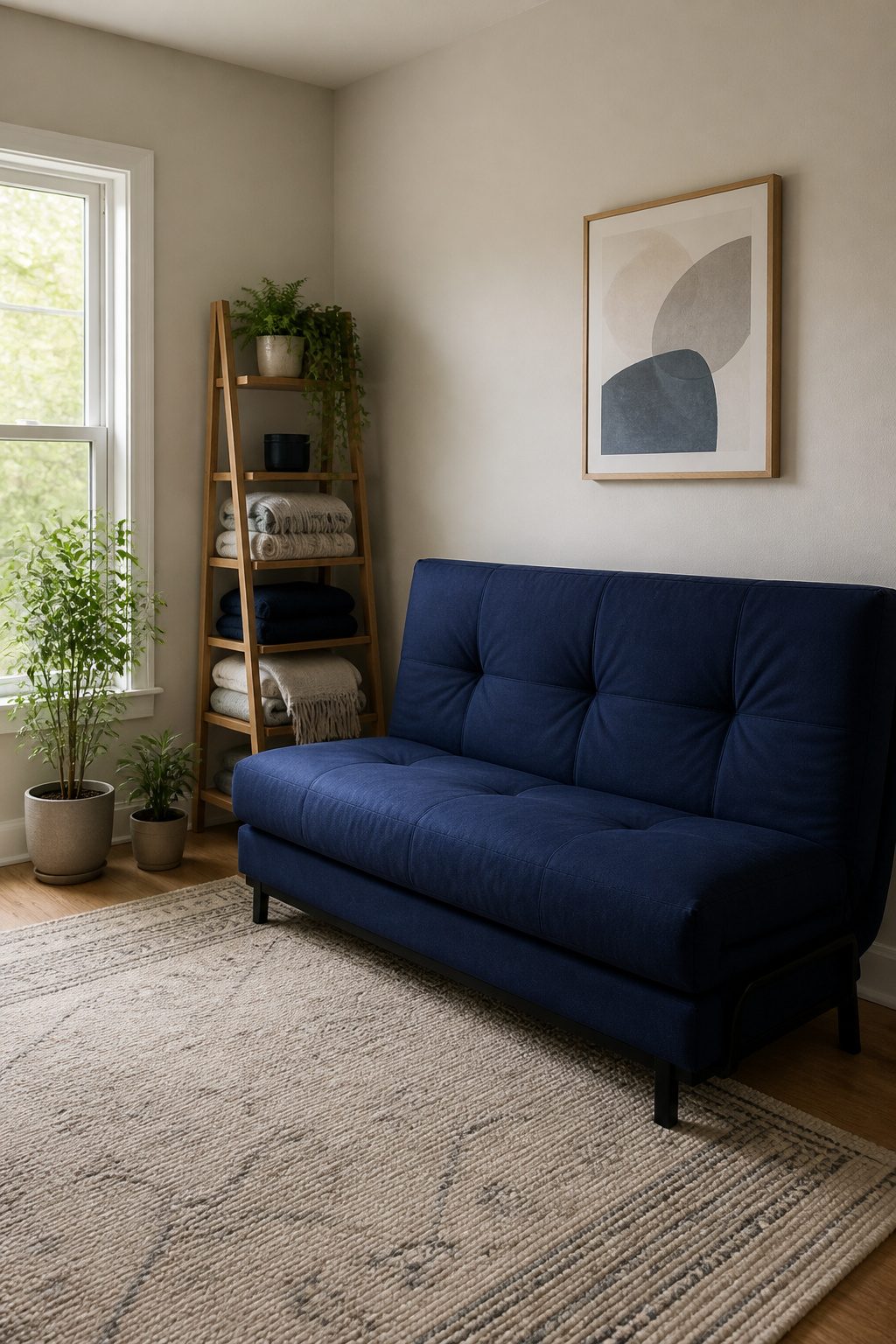 A navy blue fold-out futon in a minimalist guest room.