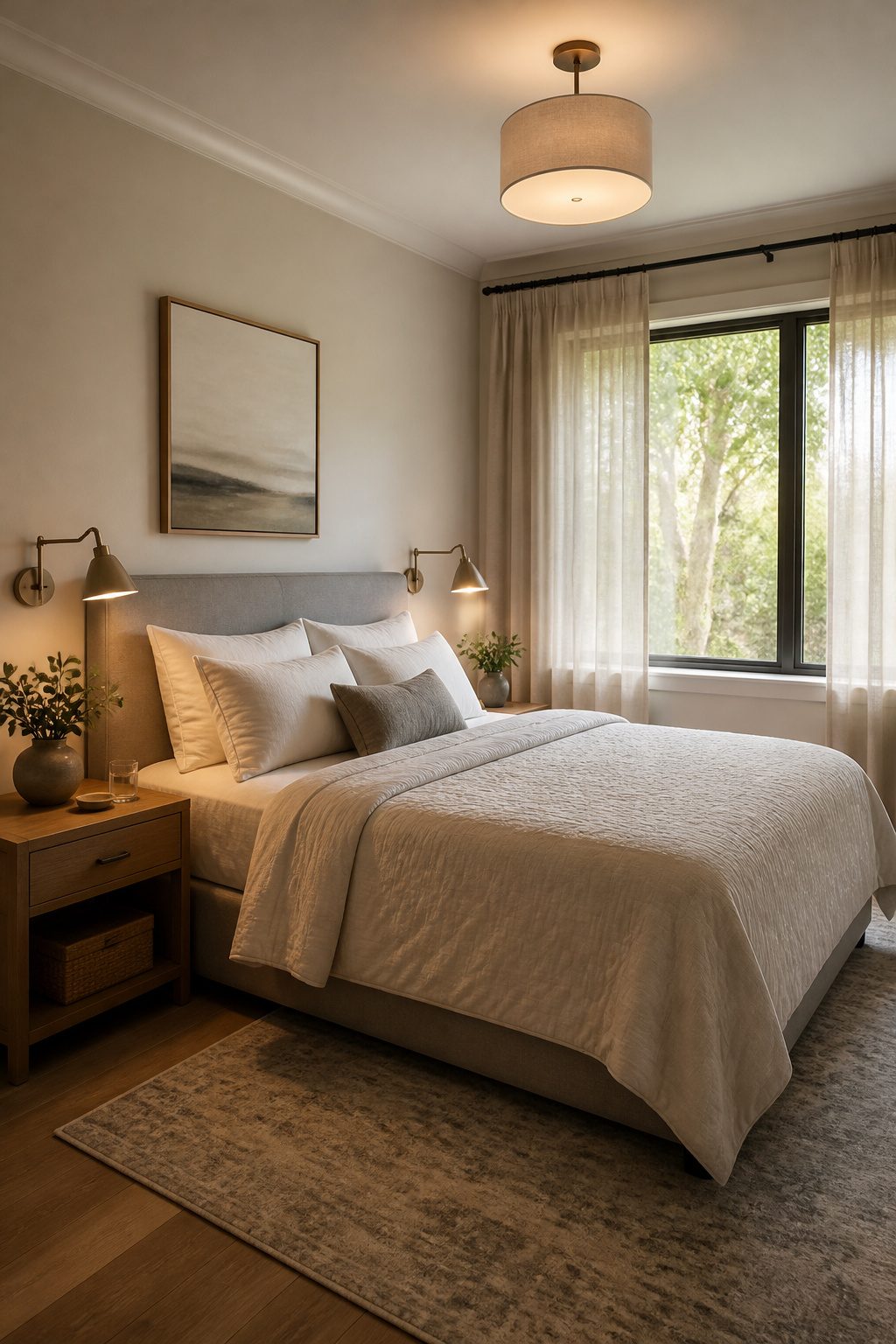 Swing-arm lamps flanking a bed in a guest room.