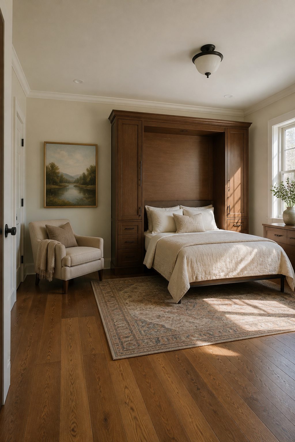 A wall-mounted Murphy bed in a compact guest room.