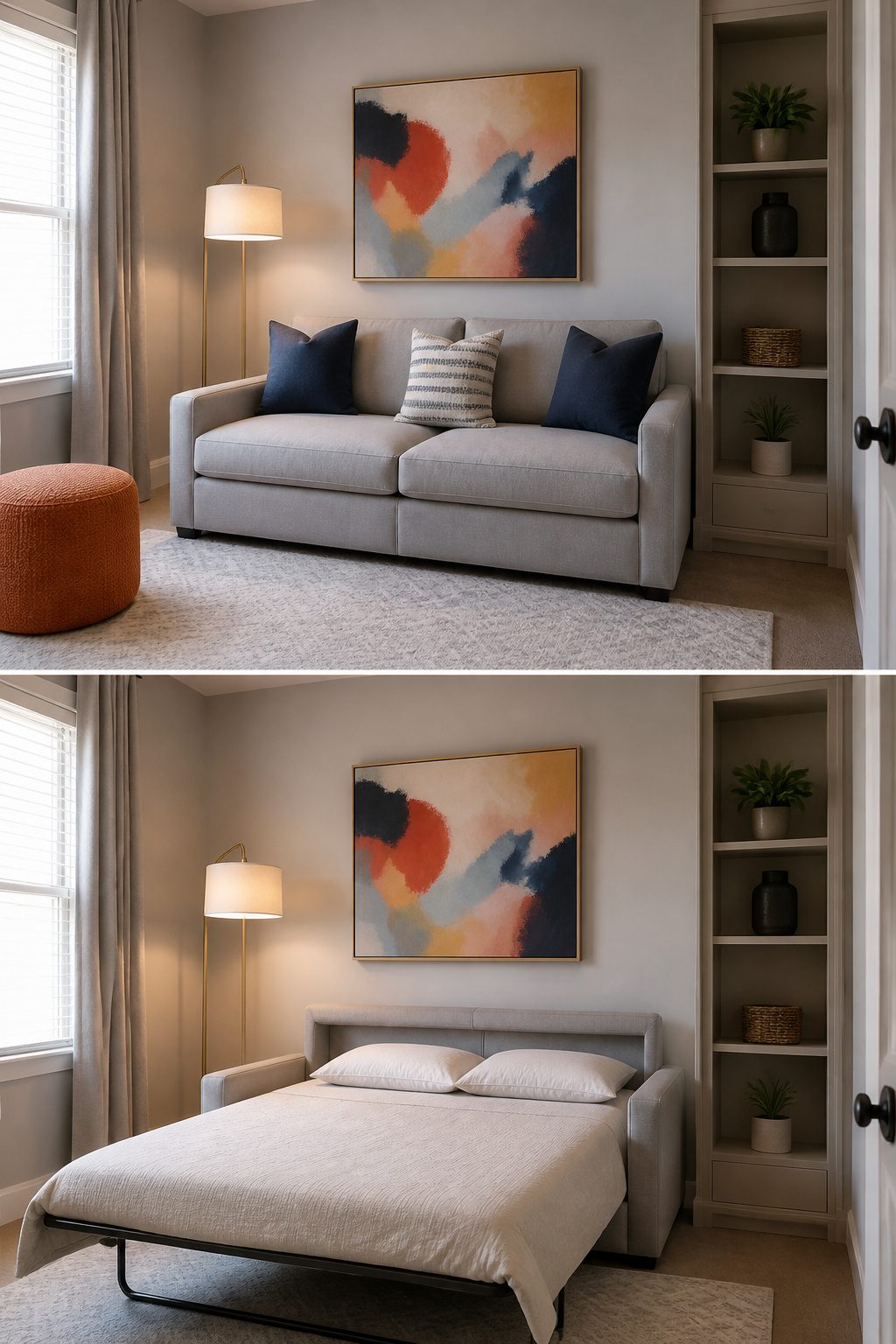 A sofa bed set up in a guest room for seating and sleeping.