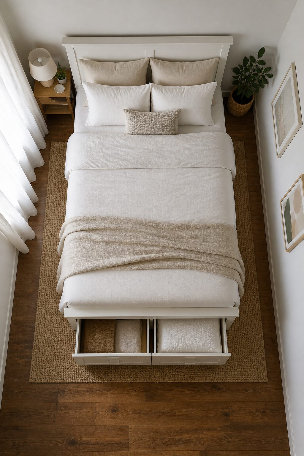 A storage bed with drawers in a guest bedroom.
