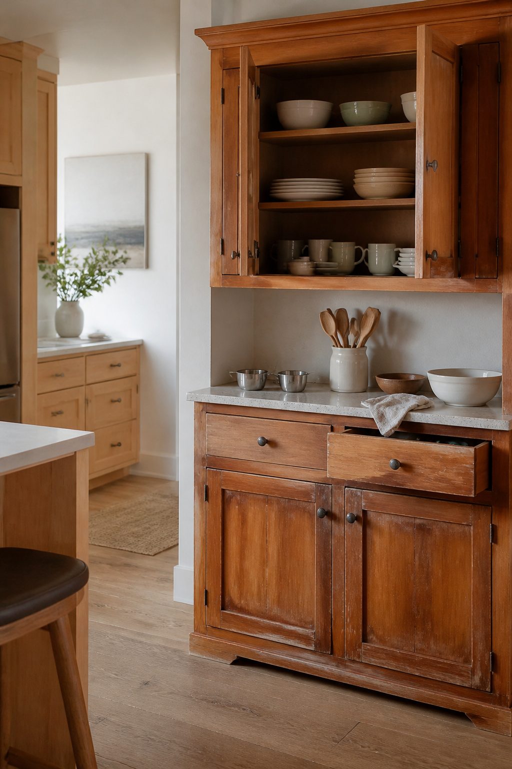 Hickory cabinet showing wear and dull spots from use.