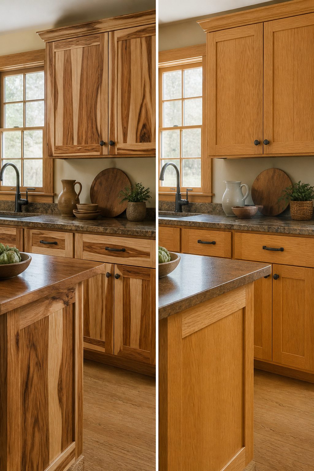 Hickory and oak cabinet samples showing distinct grain differences.
