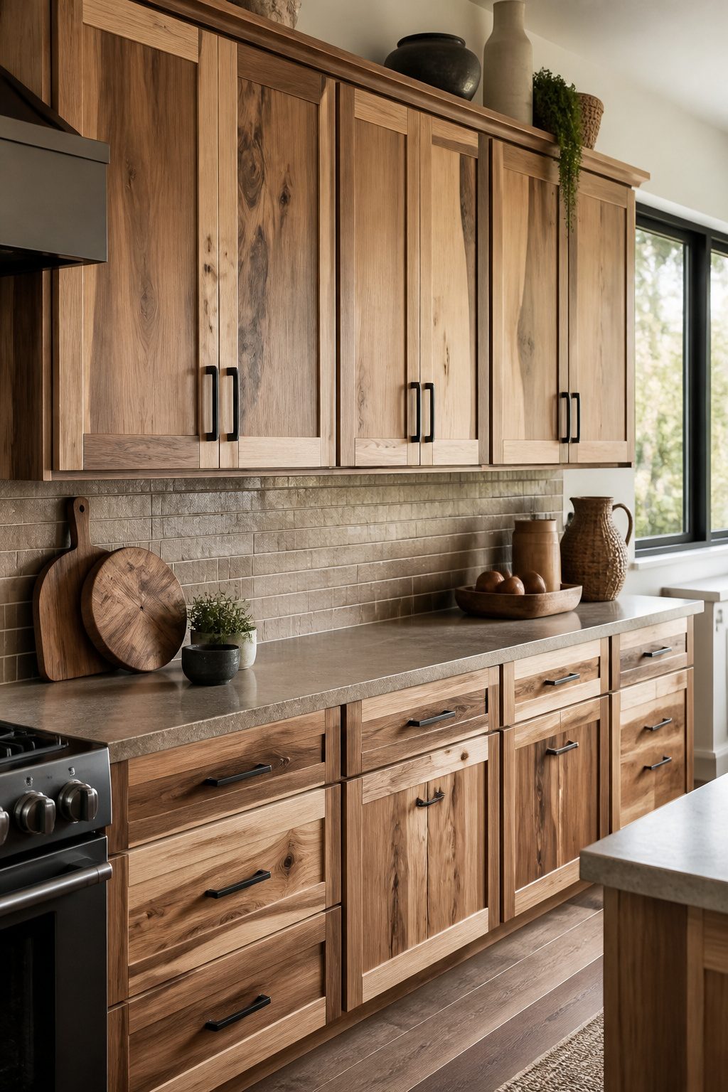 Hickory cabinets with varied hues and distinct grain patterns.