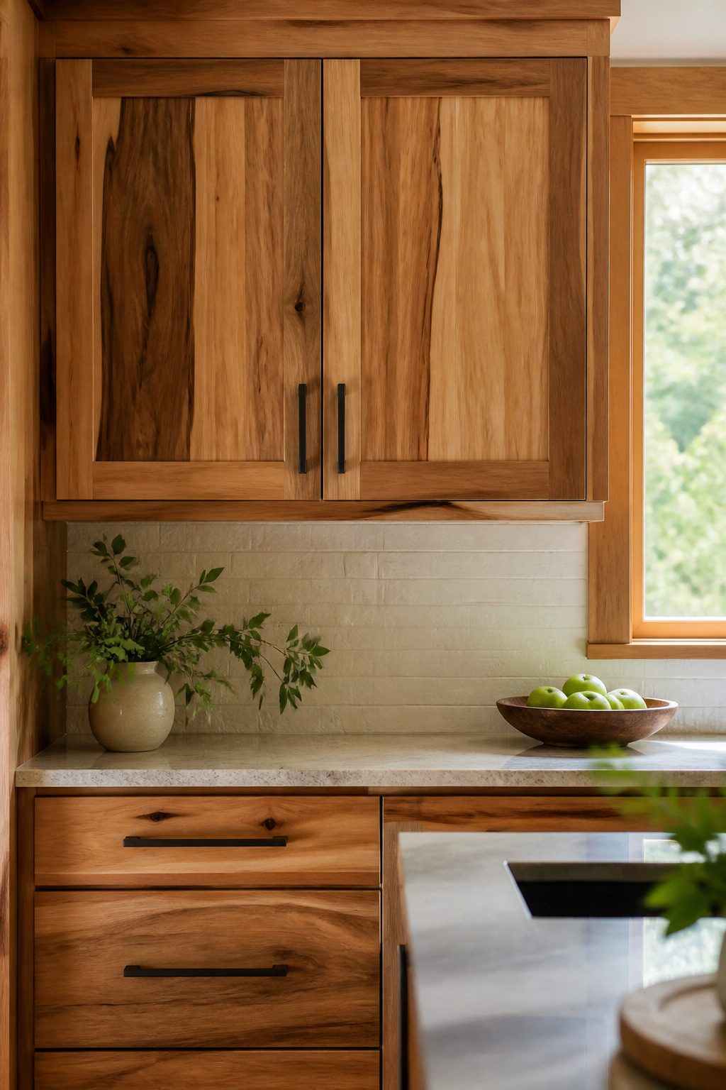 Close-up of hickory cabinet doors with varied light and dark streaks.