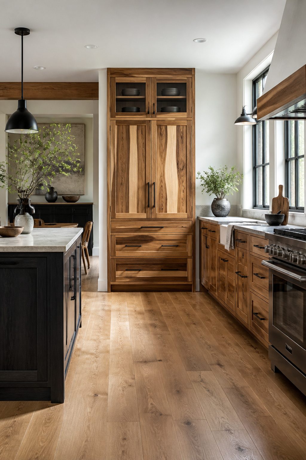 Hickory cabinets paired with minimalist hardware in a contemporary kitchen.