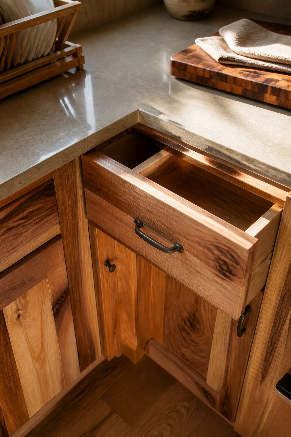 Hickory cabinet doors demonstrating durability against kitchen damage.