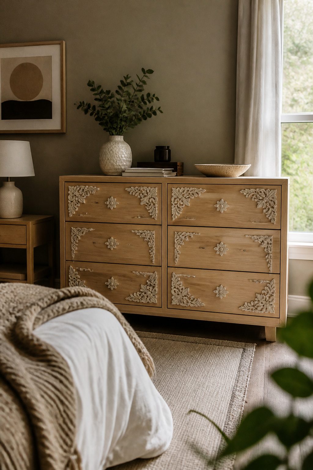 An IKEA dresser adorned with detailed wood appliques for texture.