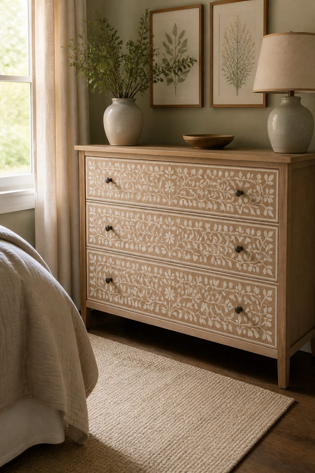 A Hemnes dresser with a stenciled bone inlay design in warm tones.