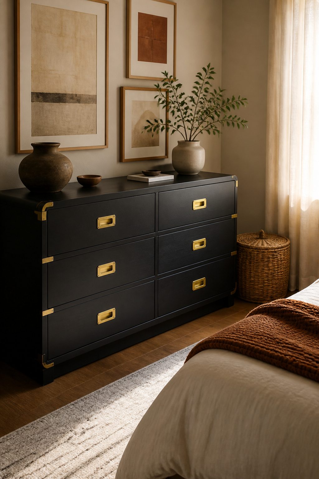 A dresser with brass pulls and corner braces for a sophisticated look.