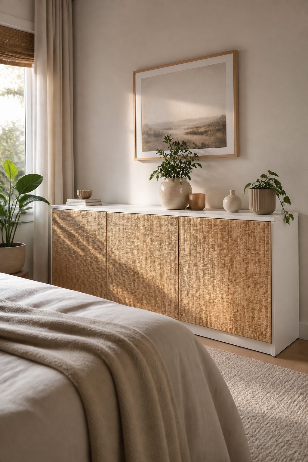 A Besta unit featuring grasscloth-covered doors in a serene bedroom.