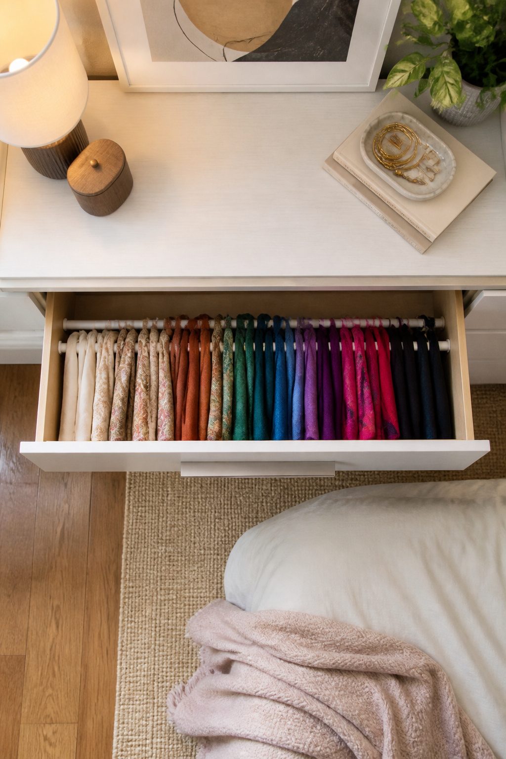 A dresser drawer retrofitted with tension rods for scarf storage.