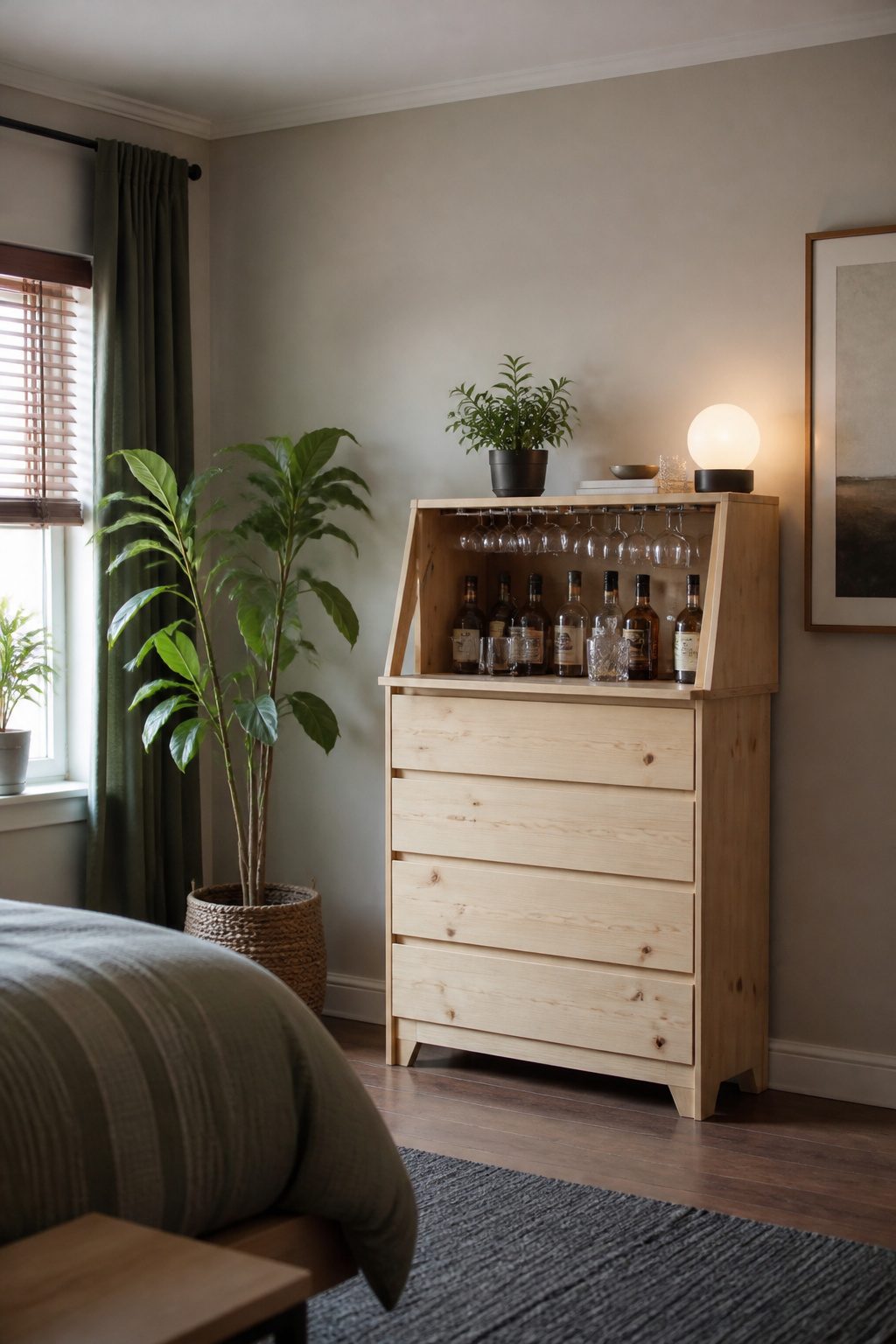 A Tarva dresser configured as a bar cabinet with liquor bottles.