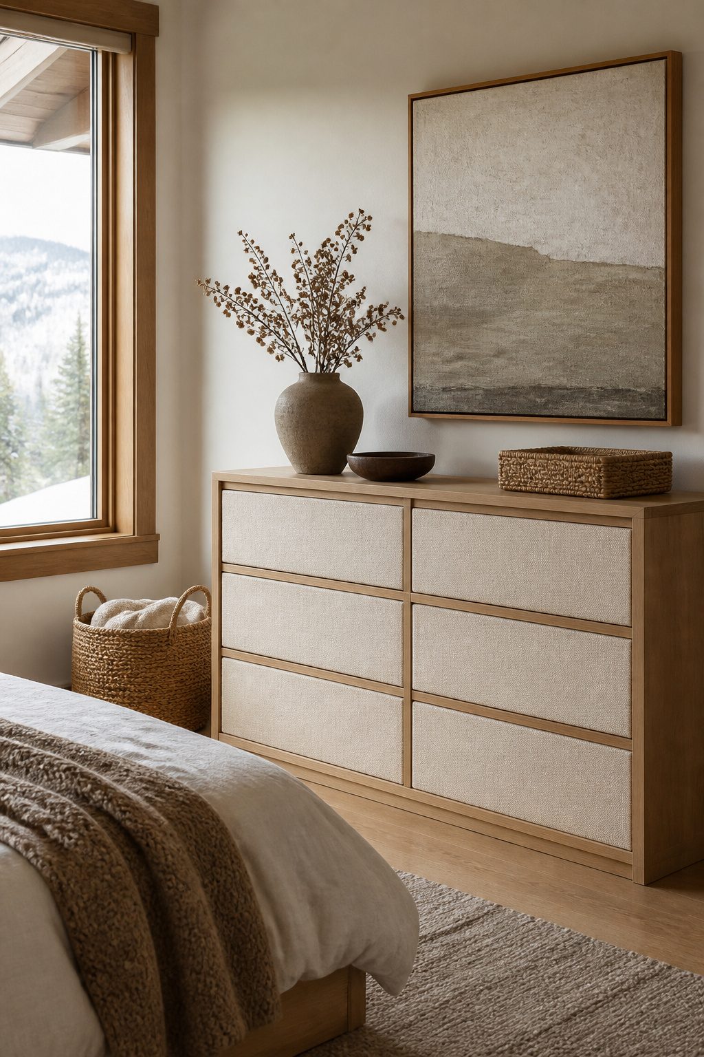 A flat-pack dresser with textured linen panels in a cozy setting.
