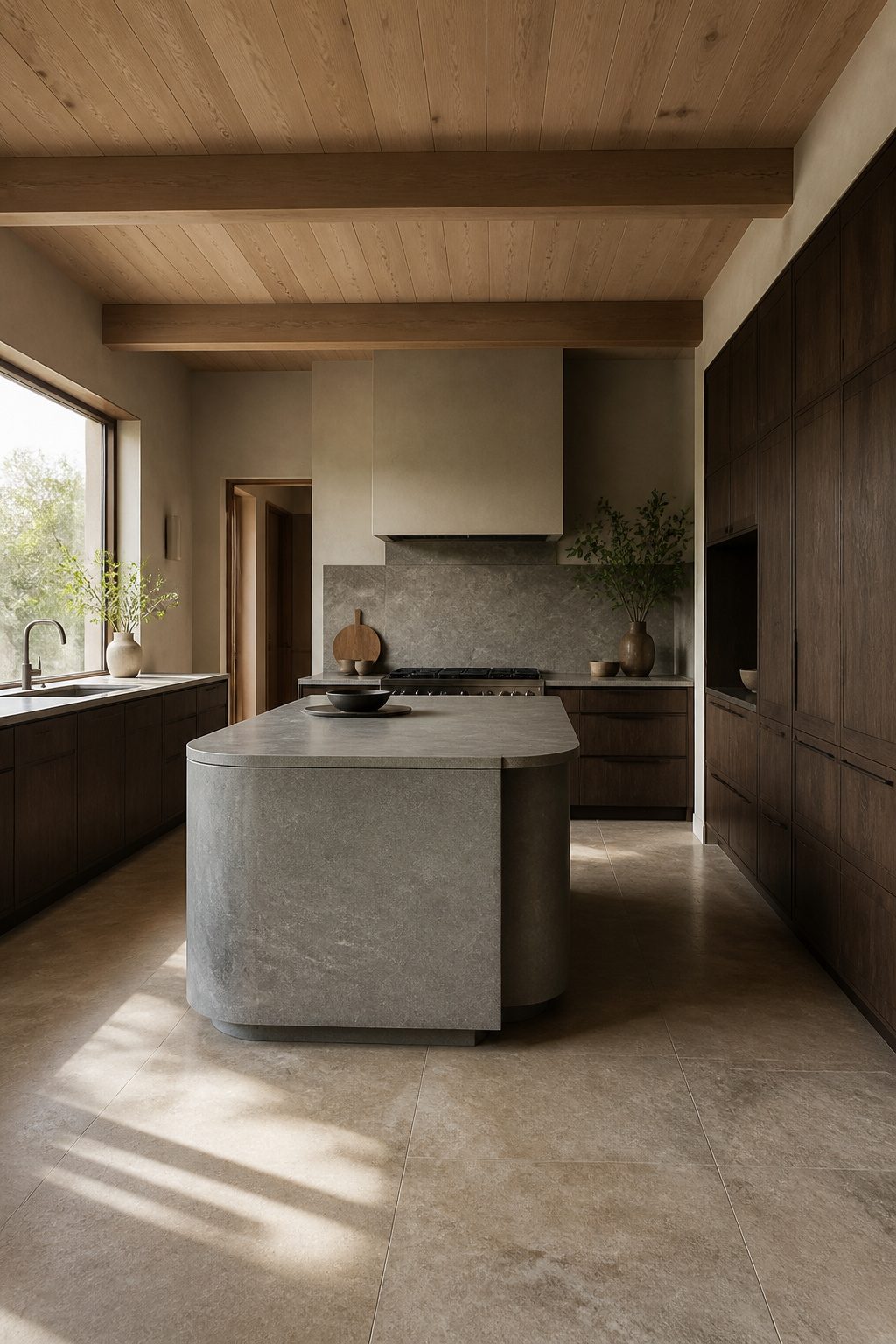 A curved kitchen island made of stone and oak in a Japandi kitchen.