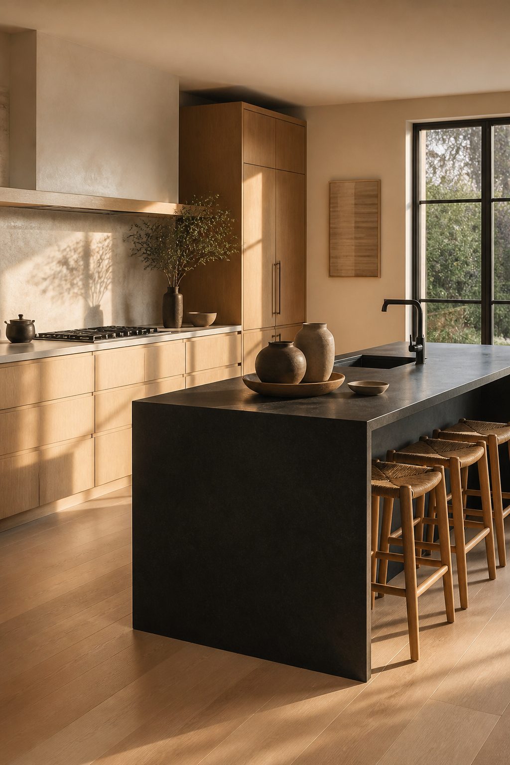 A kitchen with light oak cabinetry and a charcoal-colored island.
