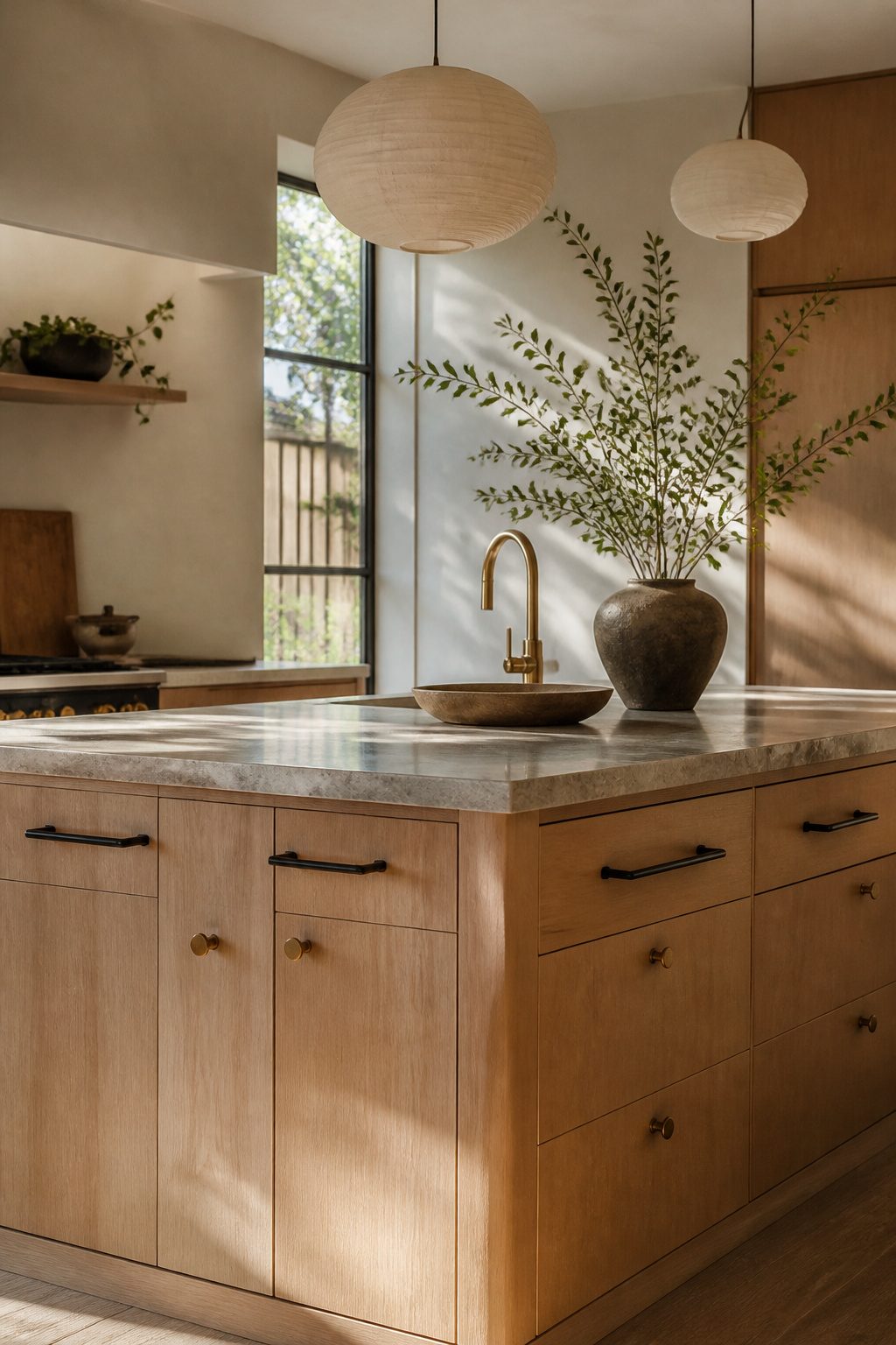 Matte black cabinet pulls and brushed brass knobs on light oak cabinetry.