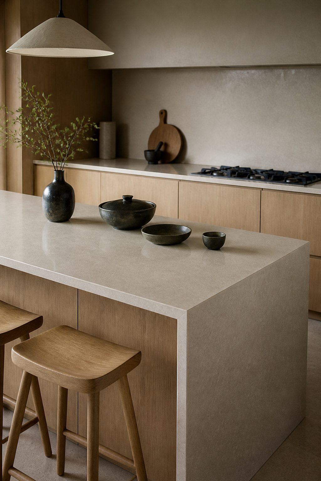 A natural stone countertop made of sandy beige honed quartz on a kitchen island.