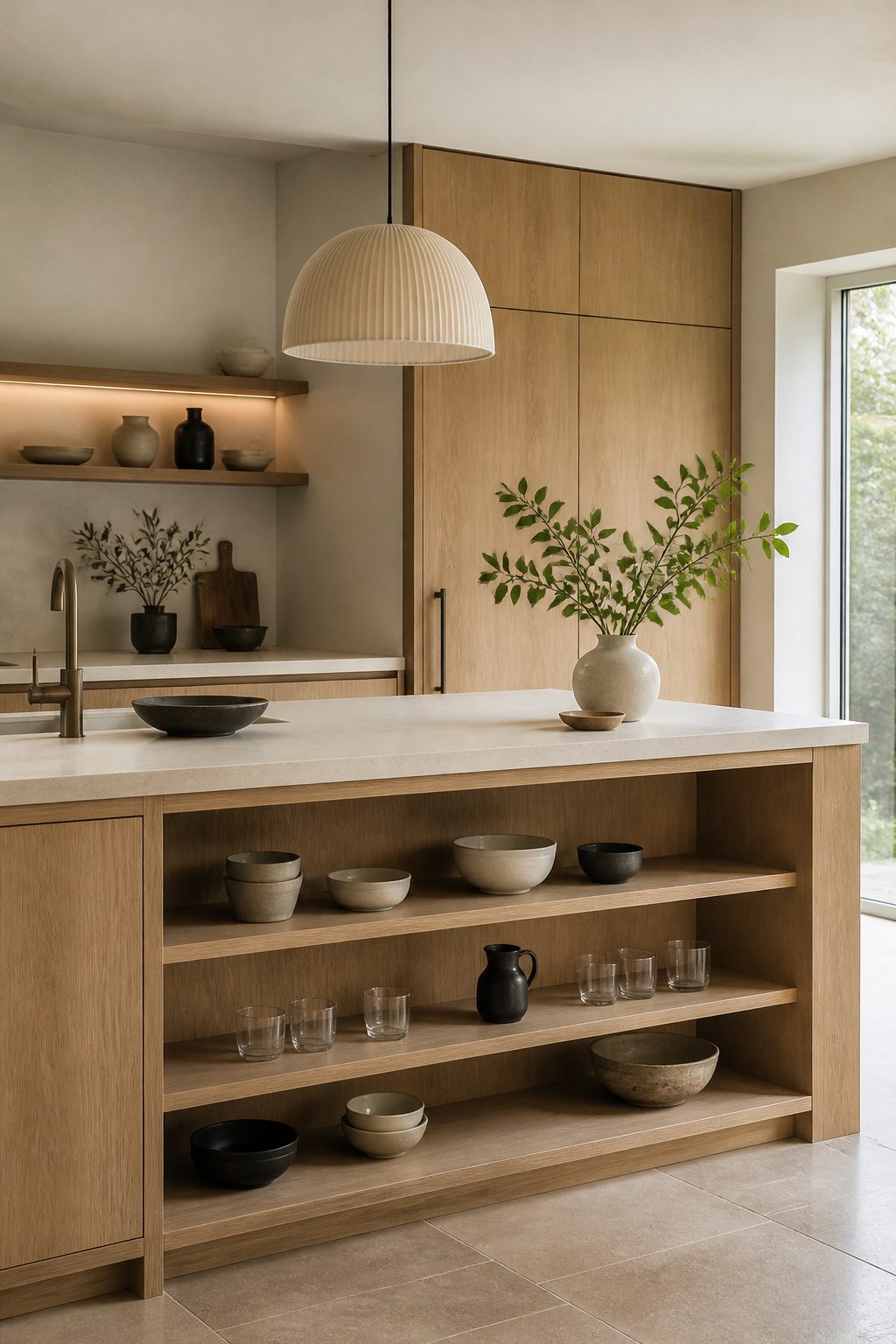 Open wooden shelves on a kitchen island showcasing ceramics and glassware.