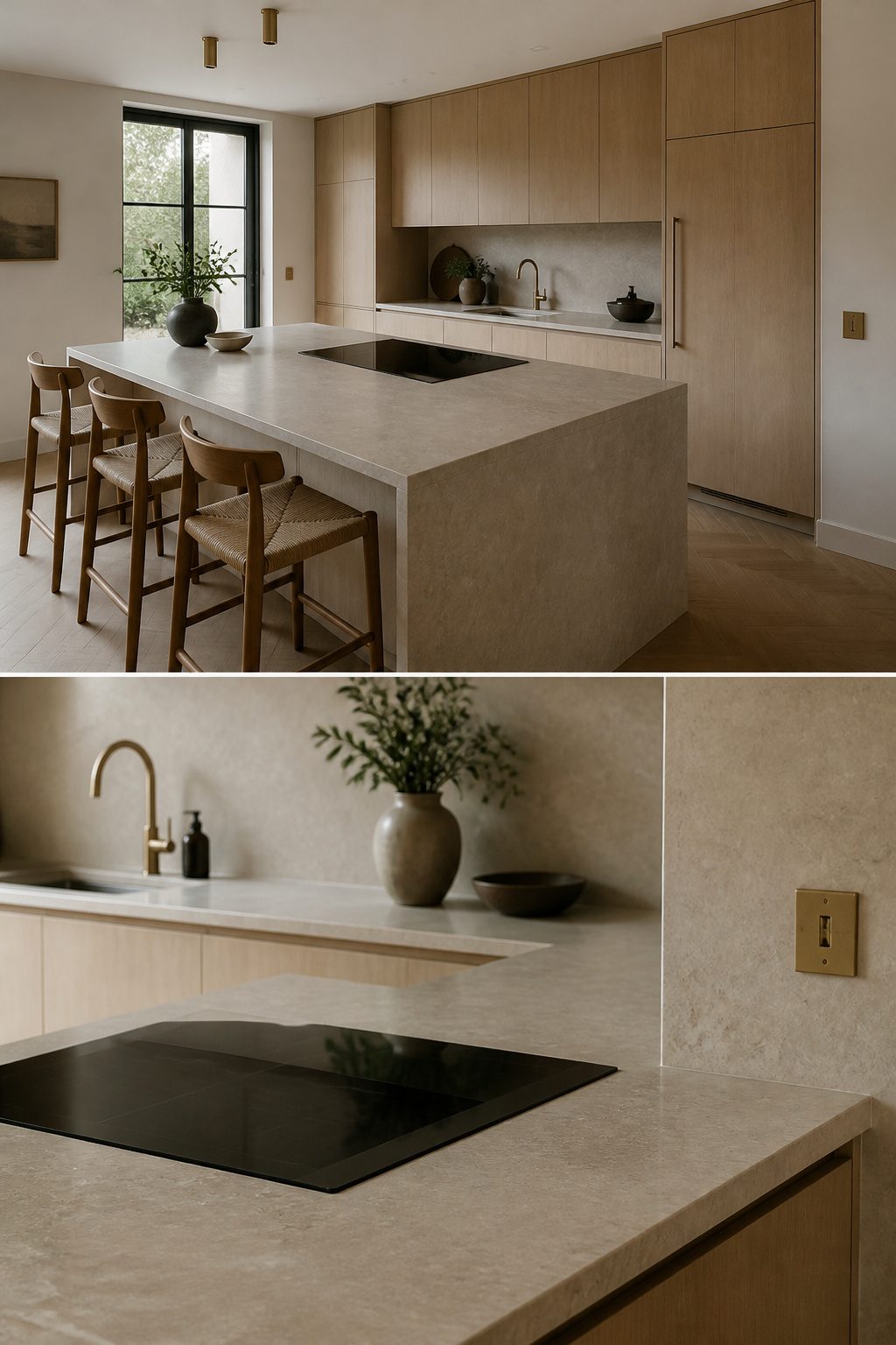 Panel-ready refrigerator and flush induction cooktop in a Japandi kitchen.