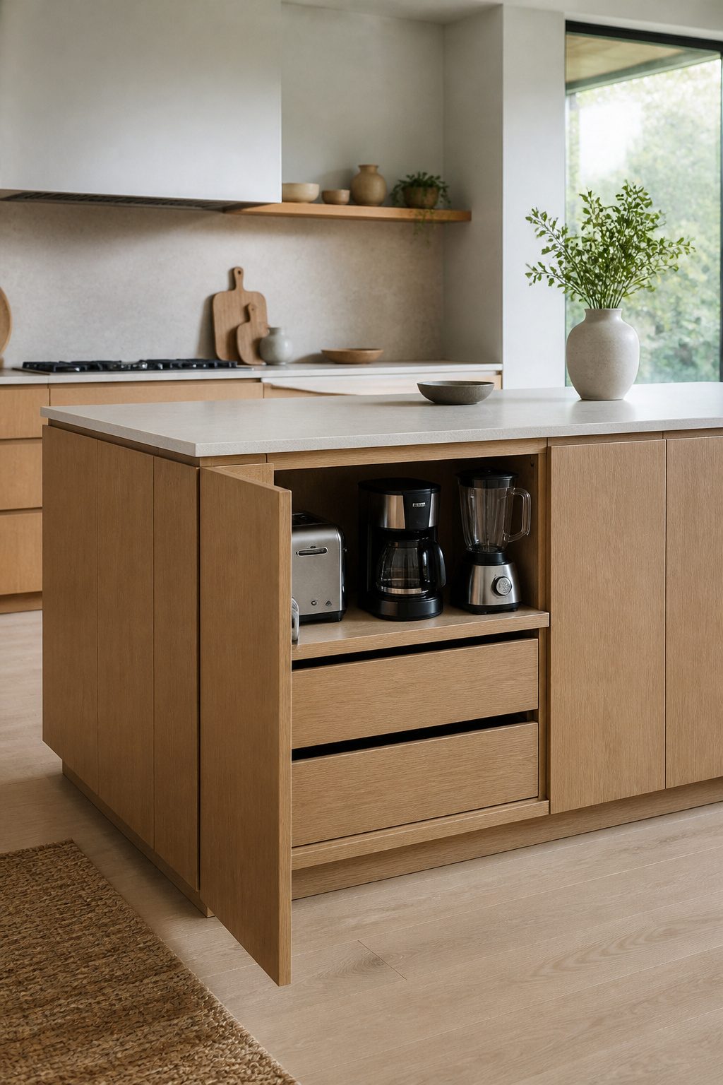 An appliance garage integrated into a kitchen island with light oak cabinetry.