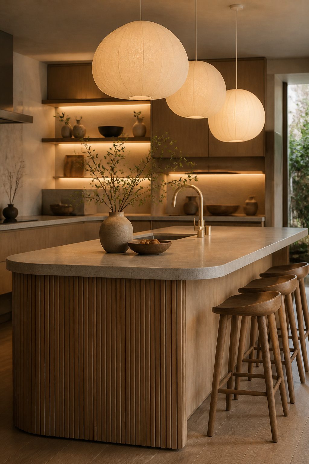 Paper or rice-paper pendant lights hanging above a kitchen island.
