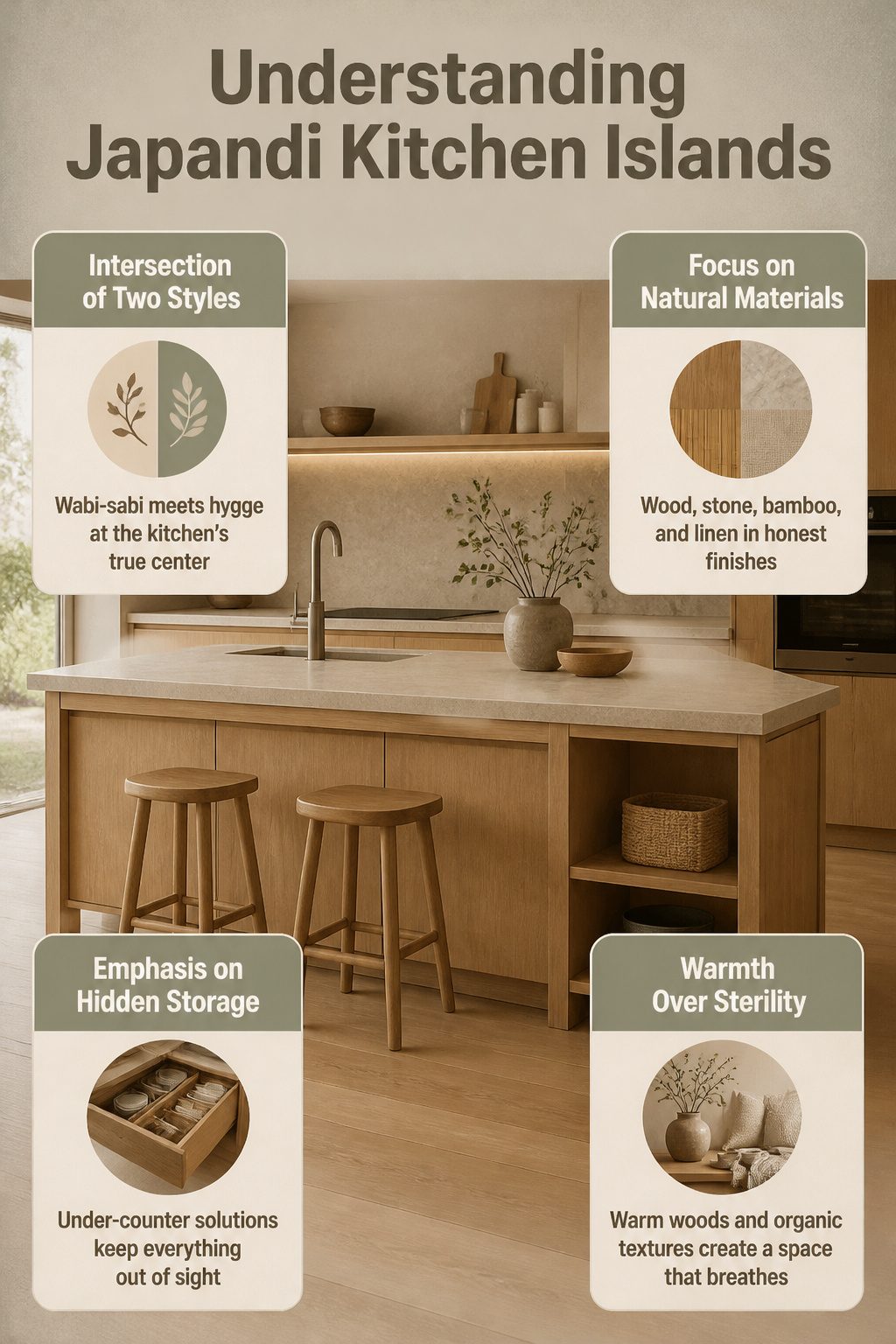 Information image explaining Japandi kitchen islands with clean lines and natural materials.