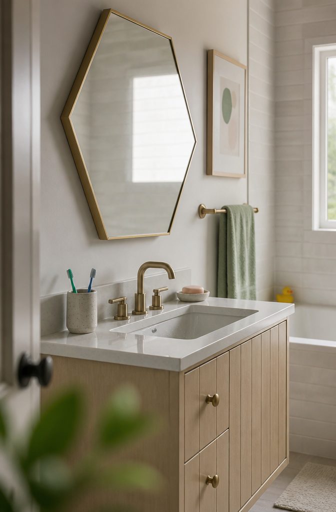 Lighted medicine cabinet mirror above a bathroom sink and vanity