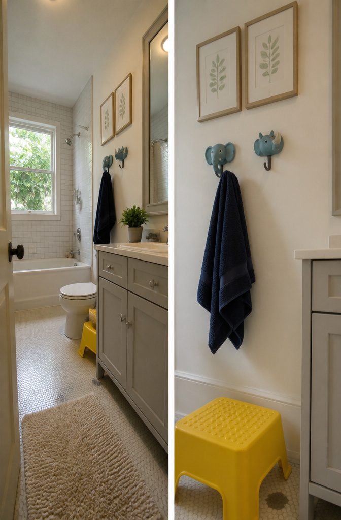 Nautical mirror sea-themed wall prints and navy towels in a bathroom