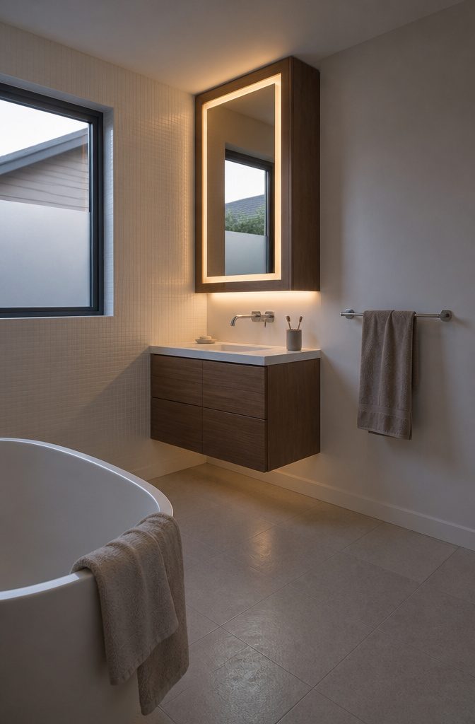 Medicine cabinet with a walnut frame and integrated LED lighting