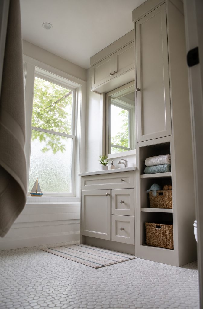 Floor-to-ceiling bathroom cabinet with closed doors beside the vanity