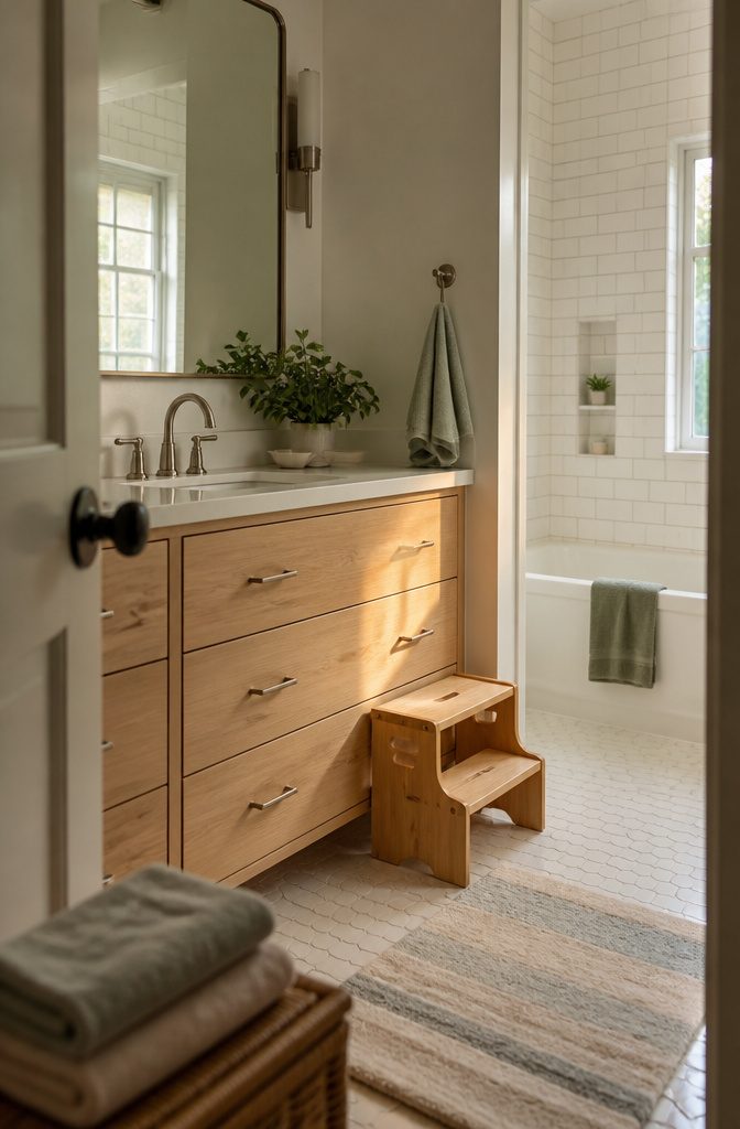 Natural wood vanity with simple drawers and a sturdy step stool