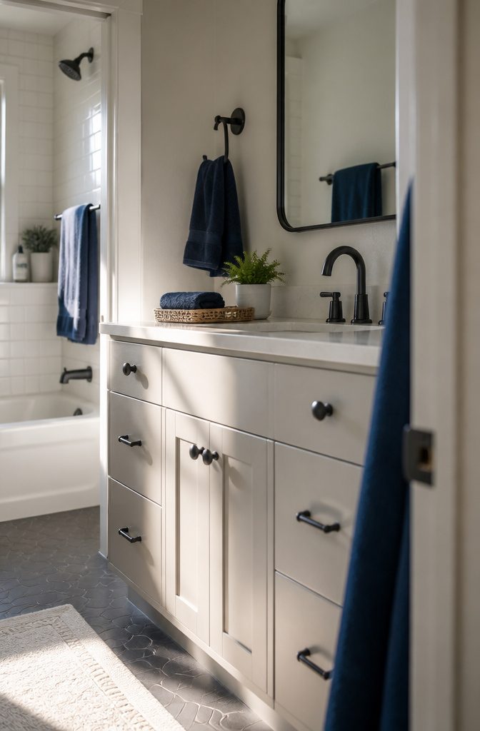 Matte-black cabinet knobs and drawer pulls on a pale bathroom vanity