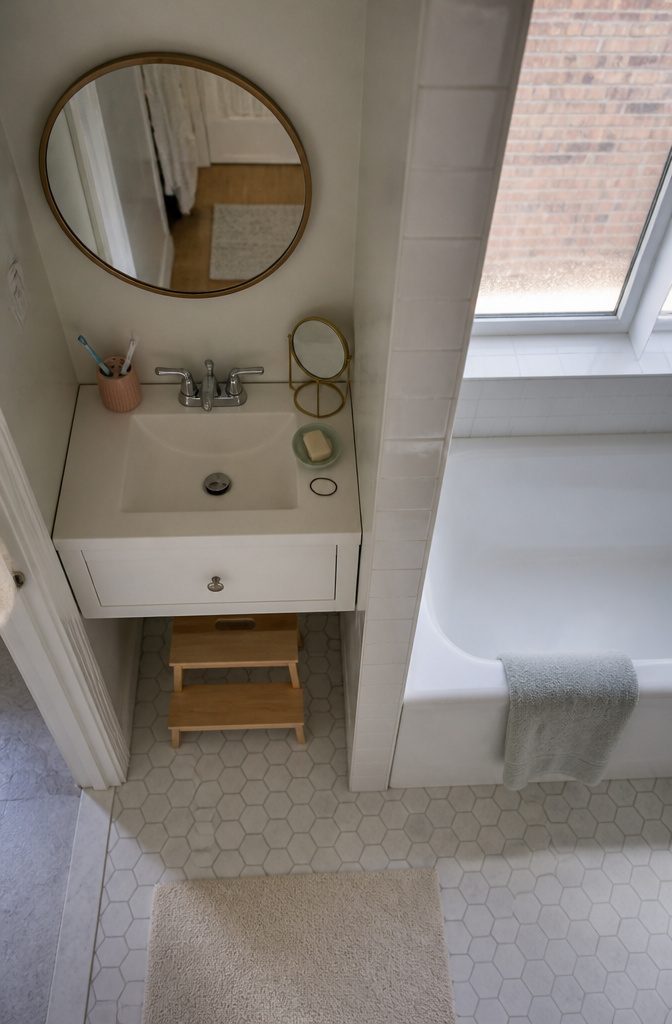 Wall-mounted vanity in a small bathroom nook with a round mirror