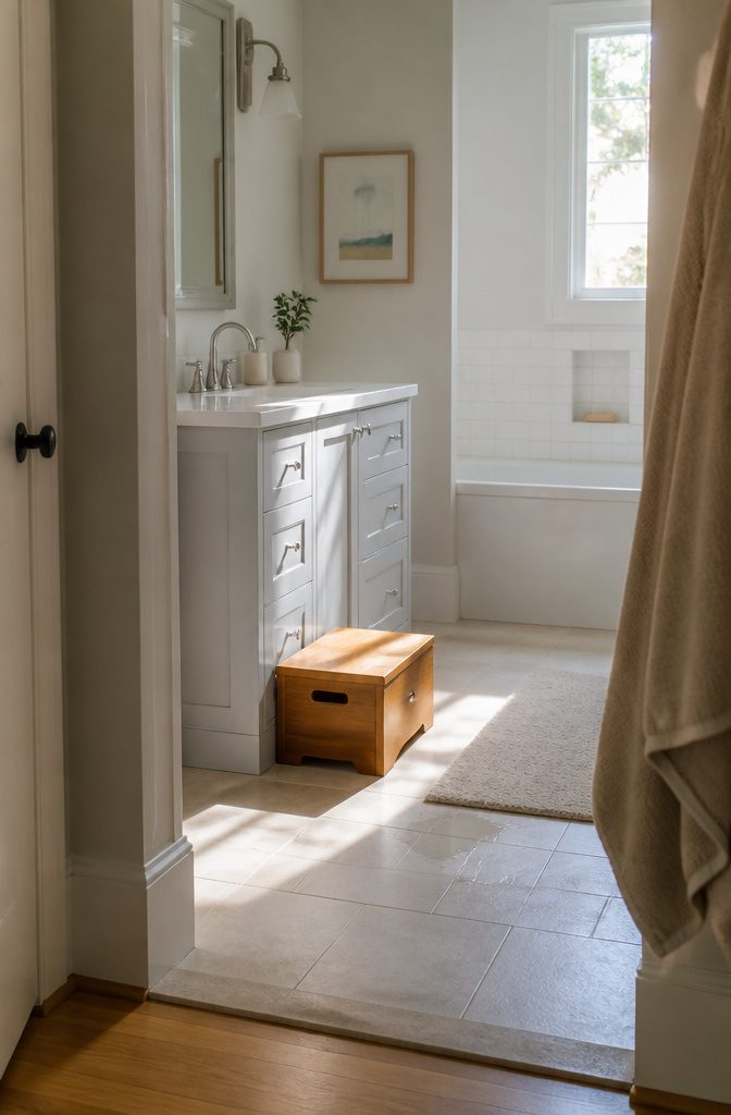 Sturdy step stool positioned beside a bathroom vanity and sink