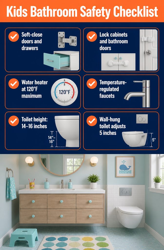 Kids bathroom safety checklist with sections on hardware locks and water temperature