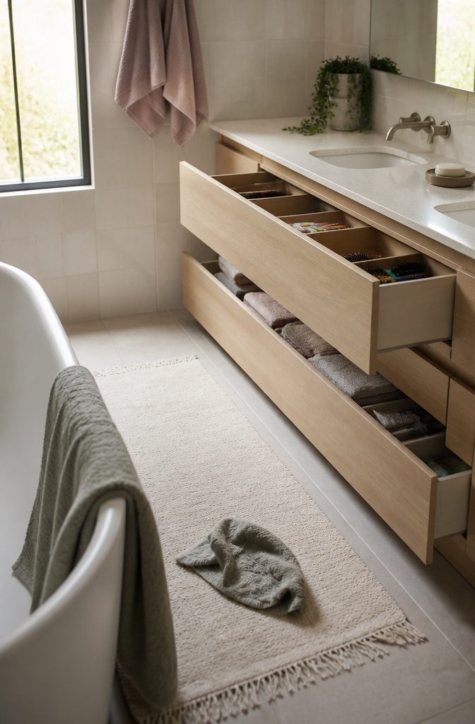 Vanity with divided drawers holding toothbrushes hairbrushes and washcloths
