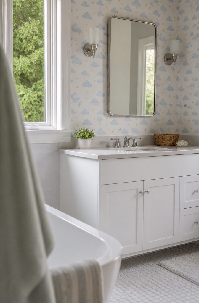 Bathroom vanity wall covered in blue cloud and golden star wallpaper