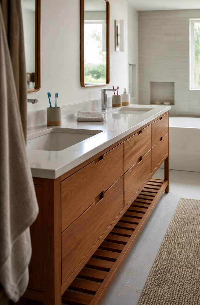 Double-sink bathroom vanity with two basins and a shared countertop