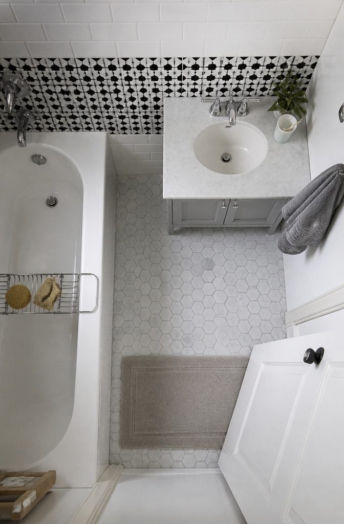 Black and white mosaic tile paired with white subway tile in a bathroom